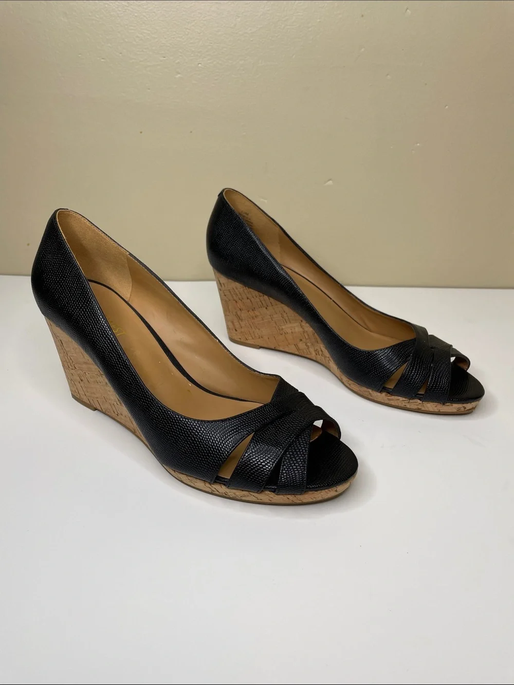 NINE WEST Black Pebble Leather JELICA Open-Toe Cork Wedge Pumps 10